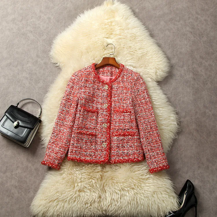 

European and American women's dress 2023 winter new Round neck Long sleeve single breasted red pocket fashion The tweed jacket