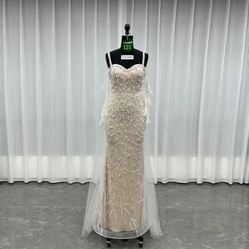 YQLNNE 0121 White Nude Crystals Pearls Evening Dresses With Gloves Formal Women Wedding Party Gown