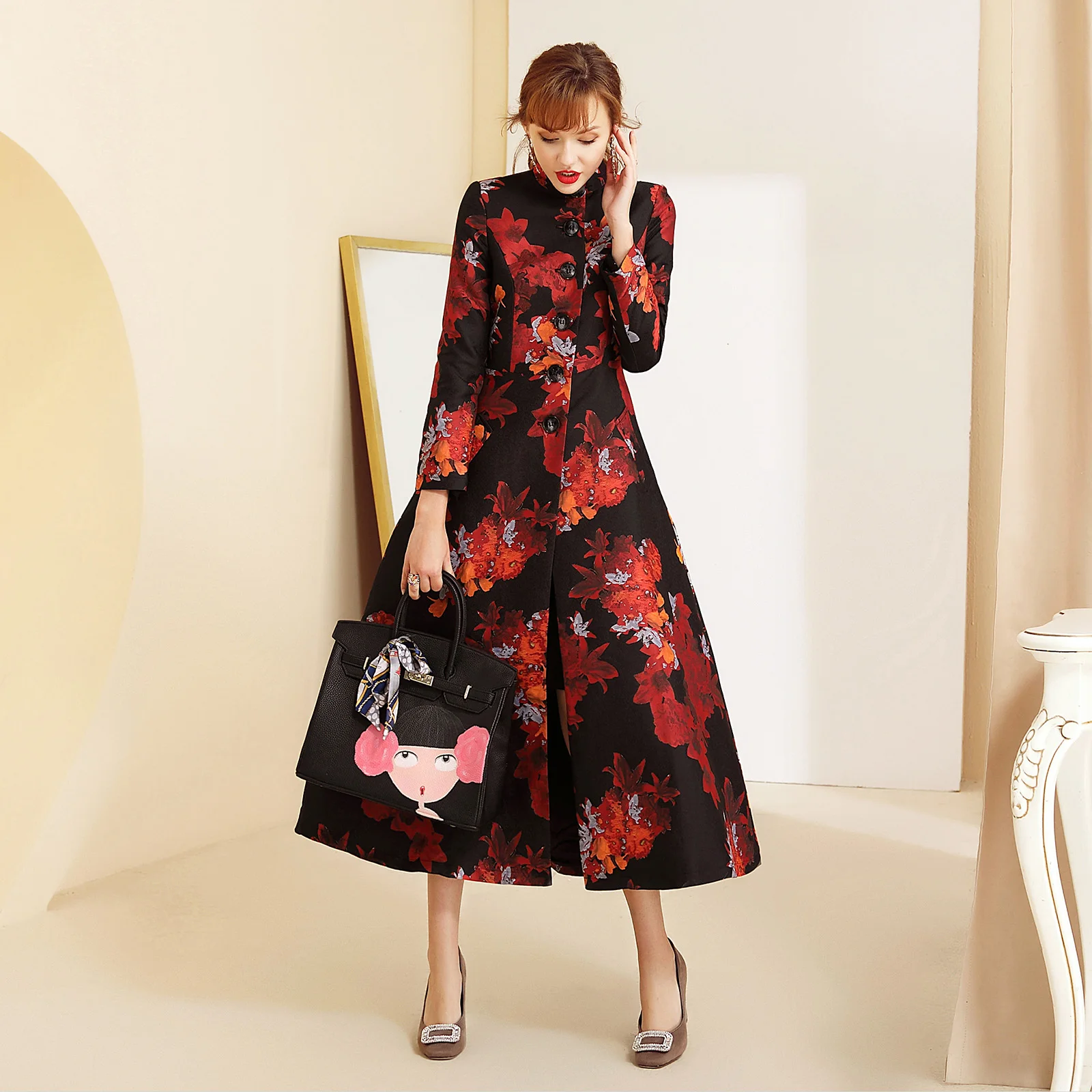 

Luxury Trench Women Autumn Winter Jacquard Coat Floral Long Coat for Even New Year Jacket Overcoat Big Size Slim Fit Up Vintage