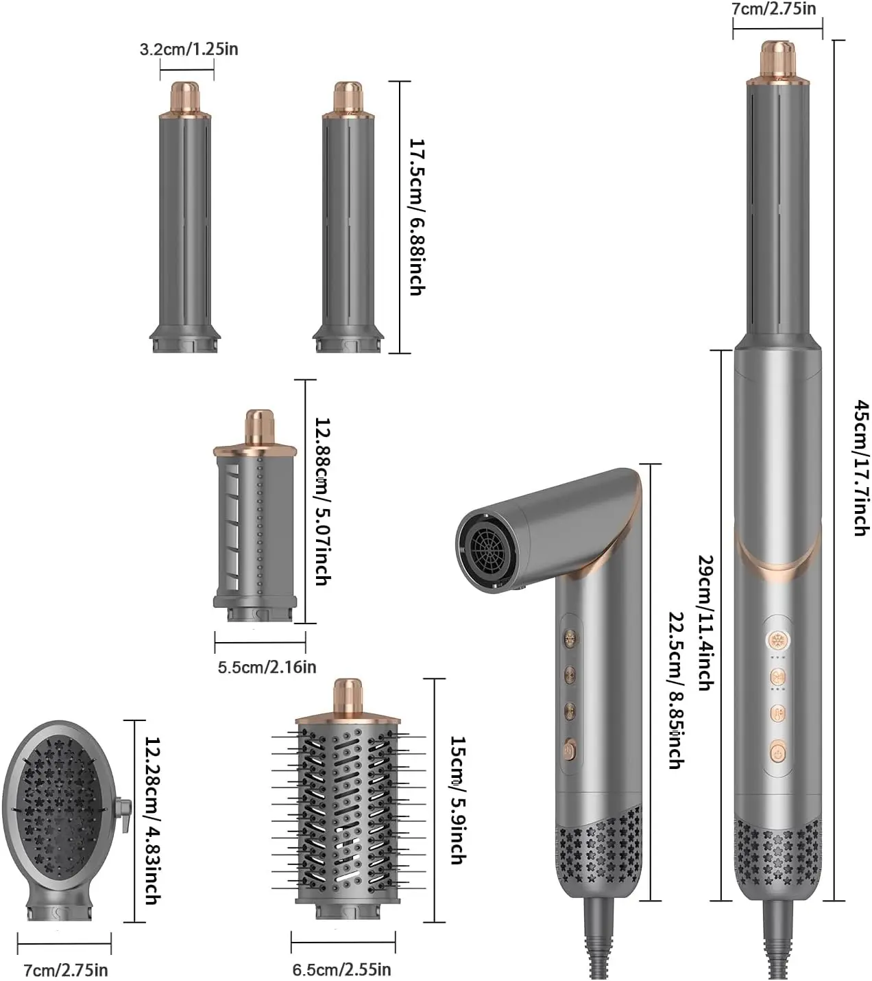alt="Interchangeable 5-IN-1 hair tool set combining a dryer and styler with negative ion benefits.