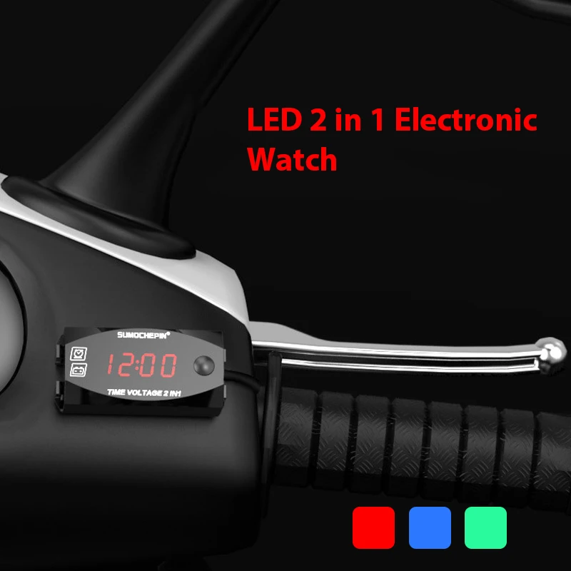 

2 In 1 Universal Motorcycle Electronic Clock Voltmeter IP67 Waterproof Dust-proof LED Watch Digital Display