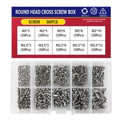 Metric Thread Phillips Round Head Screw Assortment Kit - 304 Stainless Steel Construction (M2 M2.5 (500Pcs))