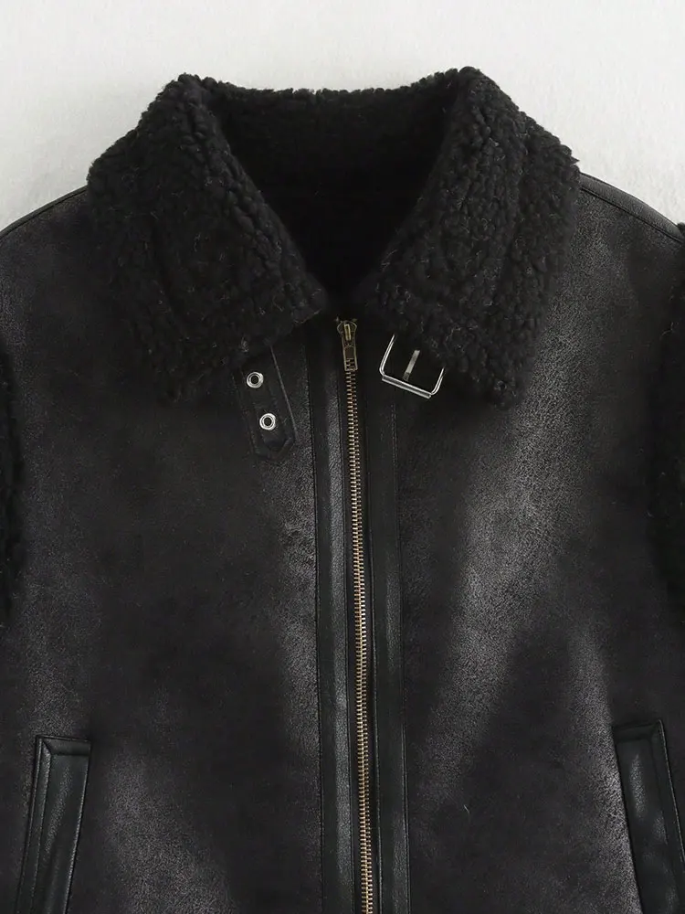 HH Autumn Winter Women Fashion Faux Leather Fleece Vest Top Vintage Sleeveless Outerwear Thick Warm Zipper Waistcoats Coat