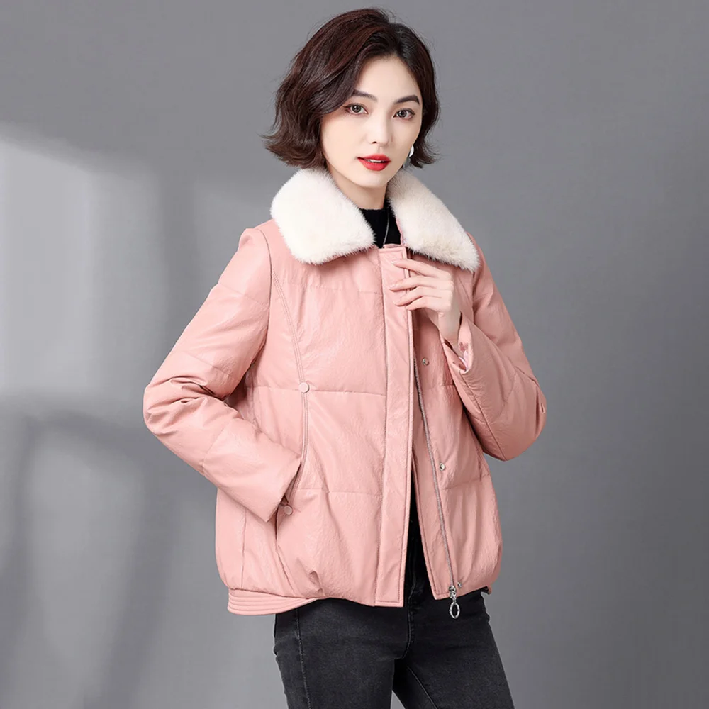 Новые женщины зимняя кожаная пуховая куртка Мода Теплый Настоящий Мех Норки Воротник Овчины Пуховик Пальто Повседневная Свободный Толстый Пальто Раздельная кожа