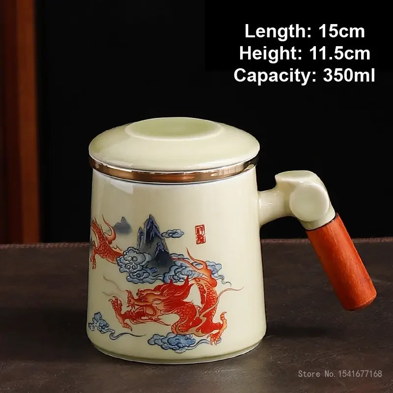 Chinese style Creative Ceramic Tea Cup with Filter, Water Separation, High Color Teacup, Home Office Mugs with Cover, 350ml, 1Pc