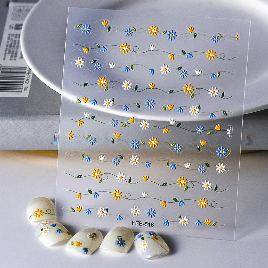 

Маленькая Маргаритка желтая синяя Белая Летняя 5D мягкая рельефная самоклеящаяся наклейка для дизайна ногтей