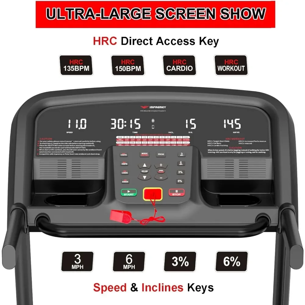 Folding Treadmill with Auto Incline 15% Ultra Large Running Area Heart Rate Monitor Armband HRC Training for Home Walking