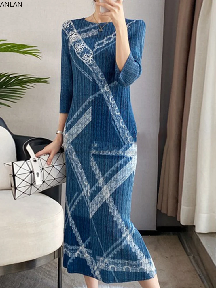 

Женское плиссированное платье средней длины ANLAN, свободное осеннее платье с круглым вырезом и рукавом 2024, 5KK2996