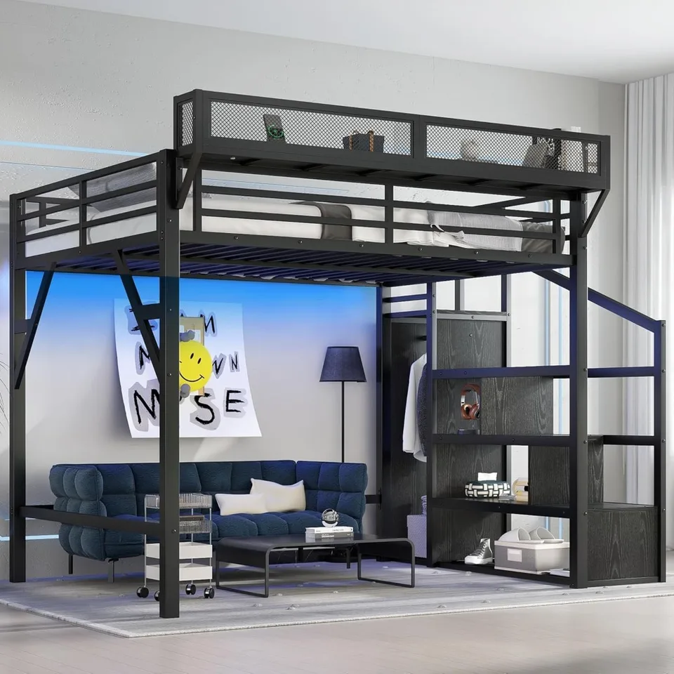 Queen Size Loft Bed with Ladder, Metal Queen Loft Bed with Storage Shelves, High Loft Bed for Kids Teens, White 17 Stories, image size:960x960