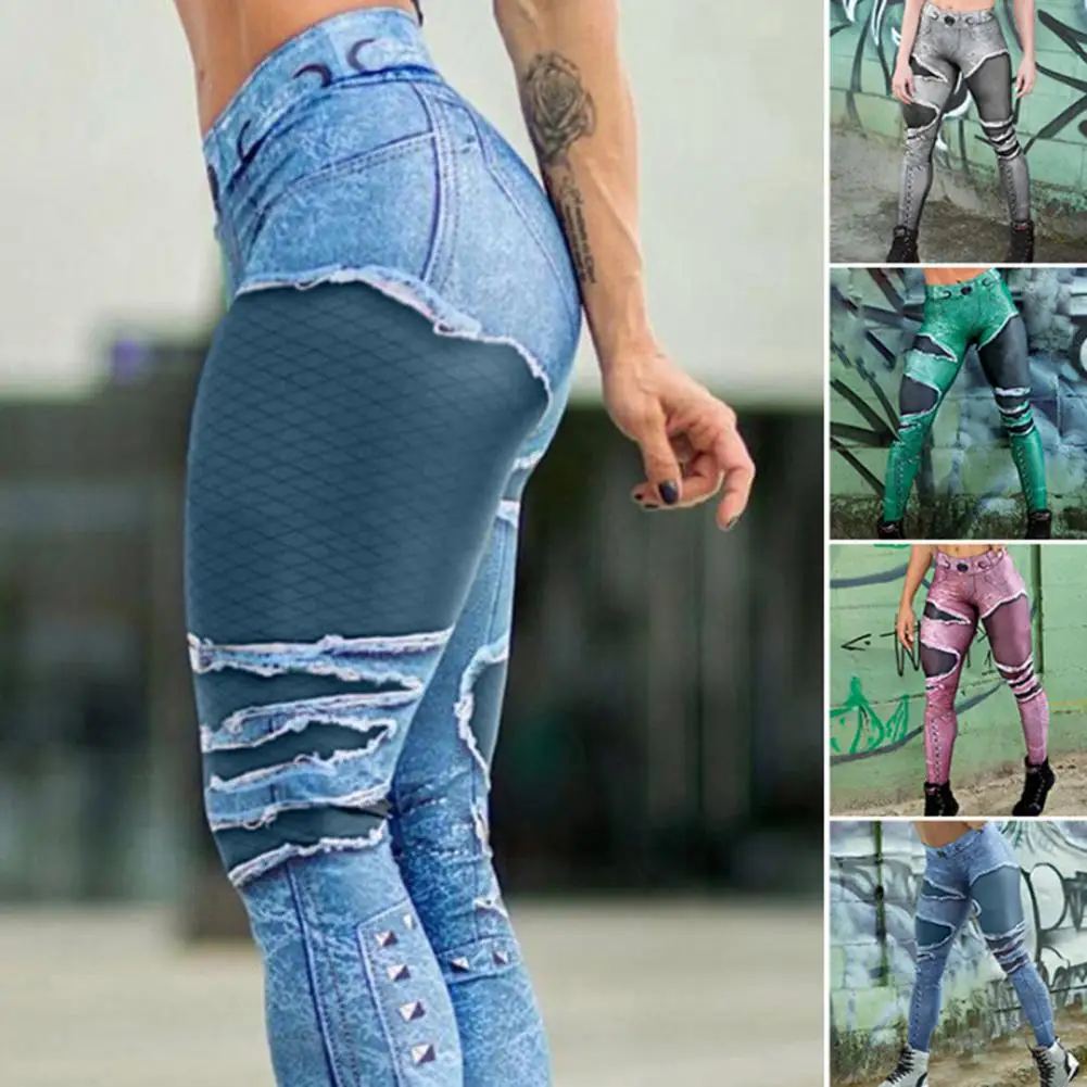 

Trendy Butt Lifting Moisture Wicking Women Push Up Imitation Jeans Skinny Yoga Trousers Ankle-Length Yoga Pants Sportwear