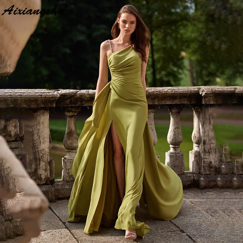 

Aixiangsha Evening Gown Asymmetrical Neckline Mermaid Evening Dress Soft Satin Slit Plunging Back vestidos de noche For Women