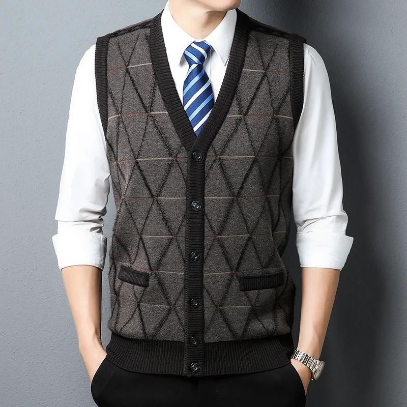 Men sweater vests, mens knitted vest Men's Cardigan Tank Top Business Leisure Fashion Knitted Sweater Warm V-neck Tank Top with Pockets