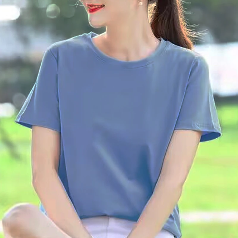 夏カジュアル綿 100% レギュラーフィット女性クルーネックベーシックホワイト T シャツ