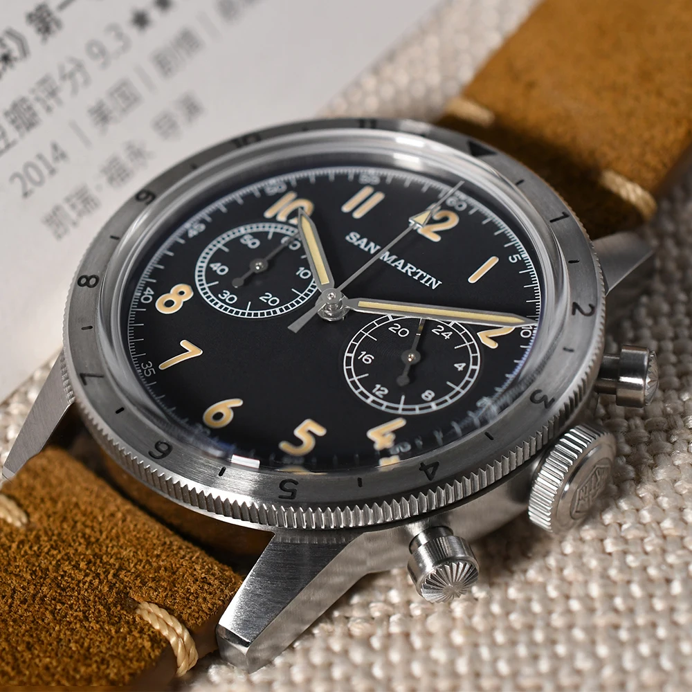 San Martin SN0127-G-JS Watch For Men's Retro Quartz VK64 Chronograph Watches Vintage 100m Waterproof Sapphire Luminous Clock