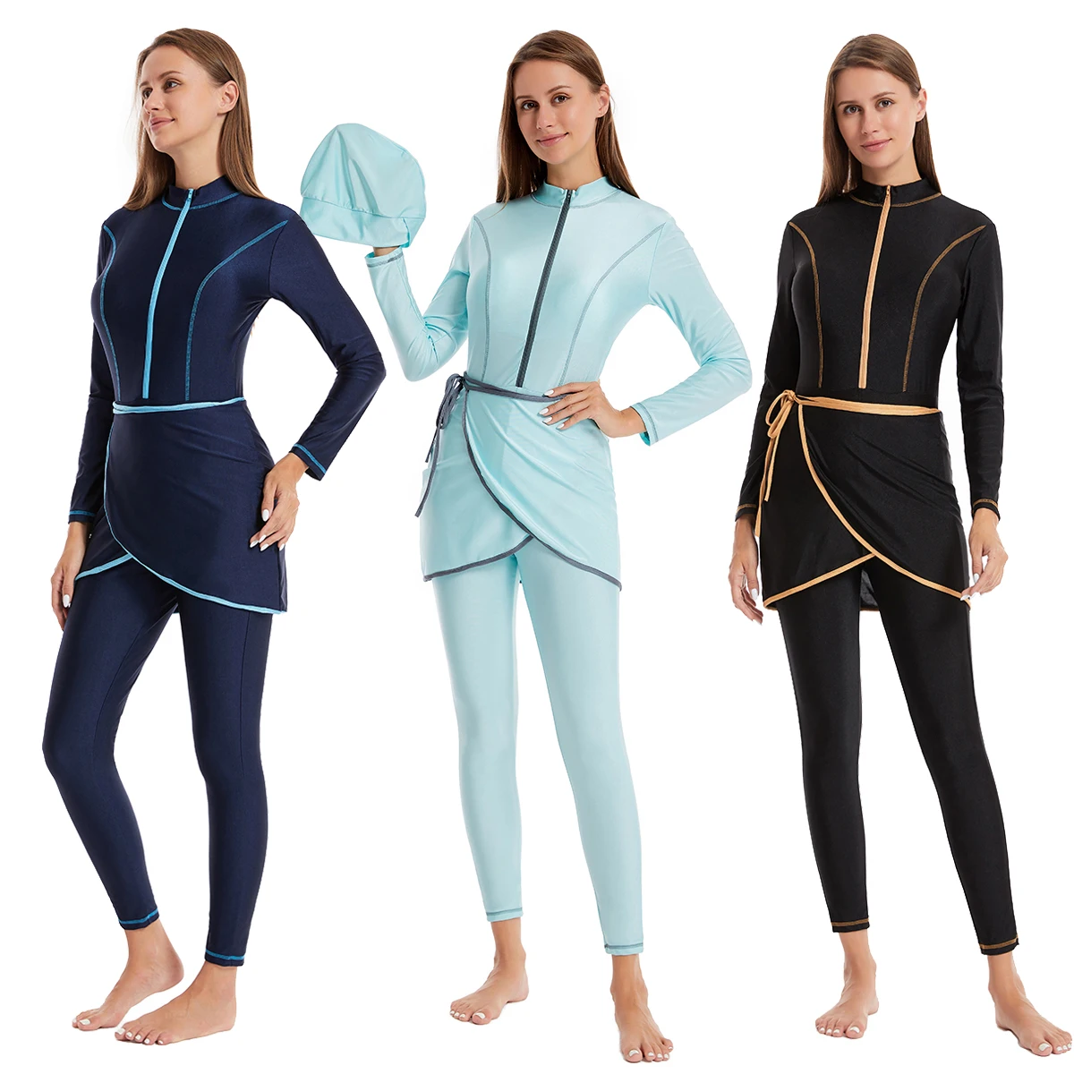 

S-3XL Muslim Lady Patchwork Long Sleeves High Collar Zip Modest One-piece Swimming Clothes Arab Women 3 PCS Full Cover Swimsuits