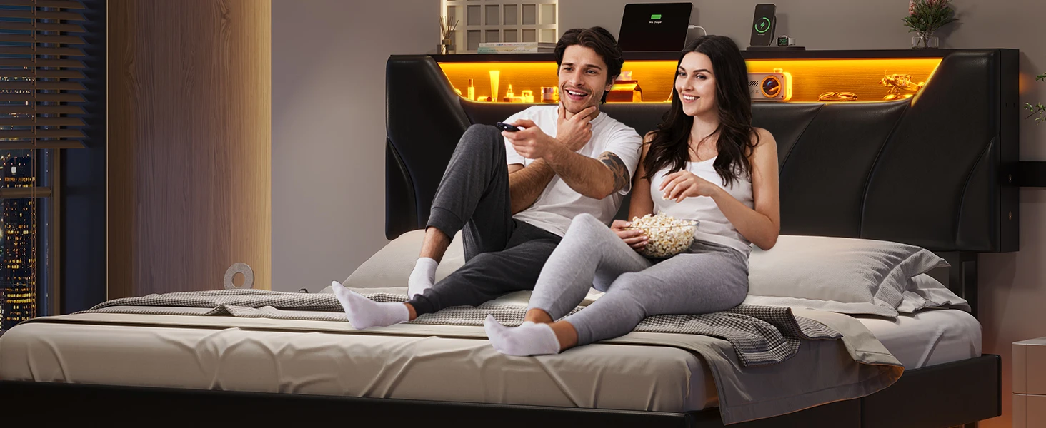 Description Picture 6 of itemQueen Floating Bed Frame with Storage Headboard and LED Lights Queen Size Visual Floating LED Bed Frame with Type-C & USB Port