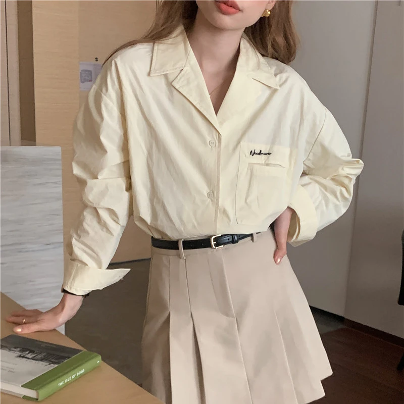 Vintage Shirt Women Embroidered Loose Long-sleeved Notched Collar Solid Color Korean Style Office Lady Casual Daily Female Shirt men s front pocket letter california los angeles embroidered quarter zip fluffy textured sherpa fleece pullover teddy sweatshirt and ethnic style pais