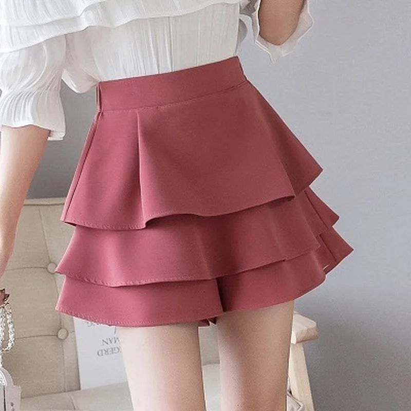 High Waist Summer Women Elegant Loose Wide Leg Cake Shorts Female 2021 Spring Summer Layered Ruffles Tulle A-line Shorts Skirts