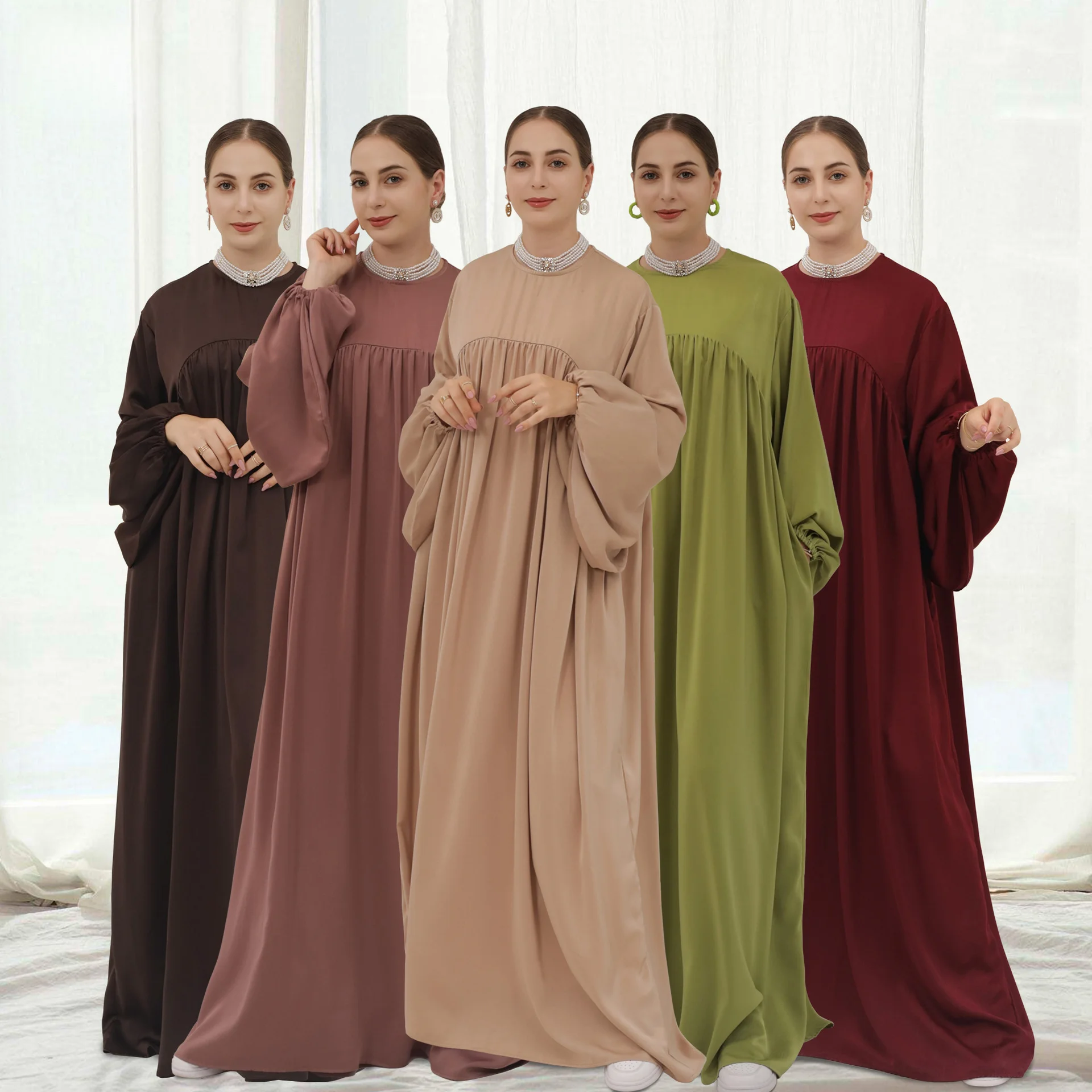 

Eid Muslim Dress Long Sleeve Abaya Round Collar Solid Elegant Dresses Party Dubai Dresses Ramadan Abayas Caftan Kaftan Jalabiya