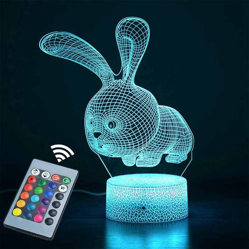 

3d-ночник для детей, кролик, 3d-иллюзионная лампа с кнопкой и пультом дистанционного управления, 16 цветов, идеальные подарки