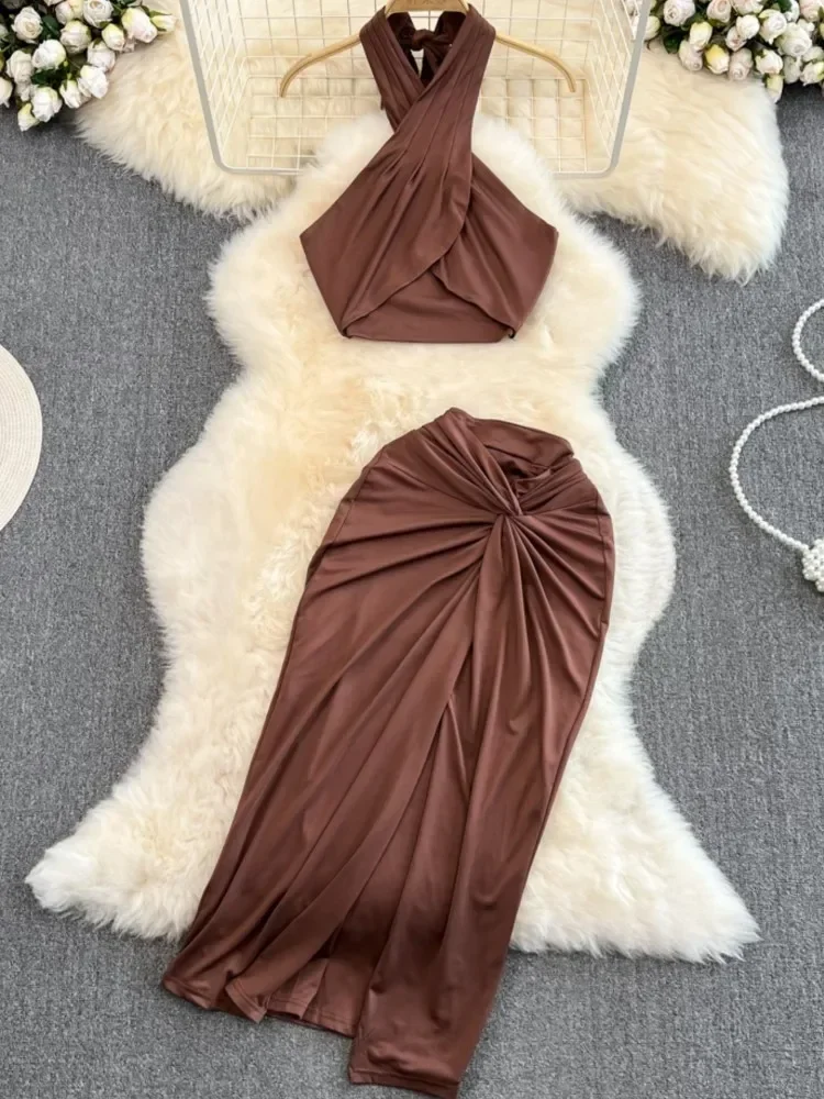 2024 New Women Fashion Summer Solid Skirts Suit Halter Sexy Cropped Tops Bodycon Saya 2 Pieces Female Beach Holiday Outfits New