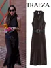 TRAFZA Female Summer Fashion Long Dress Solid O-Neck Sleeveless Hollow Out Button Belt Decoration Women New Elegant Dress 1