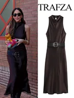 TRAFZA Female Summer Fashion Long Dress Solid O-Neck Sleeveless Hollow Out Button Belt Decoration Women New Elegant Dress 1
