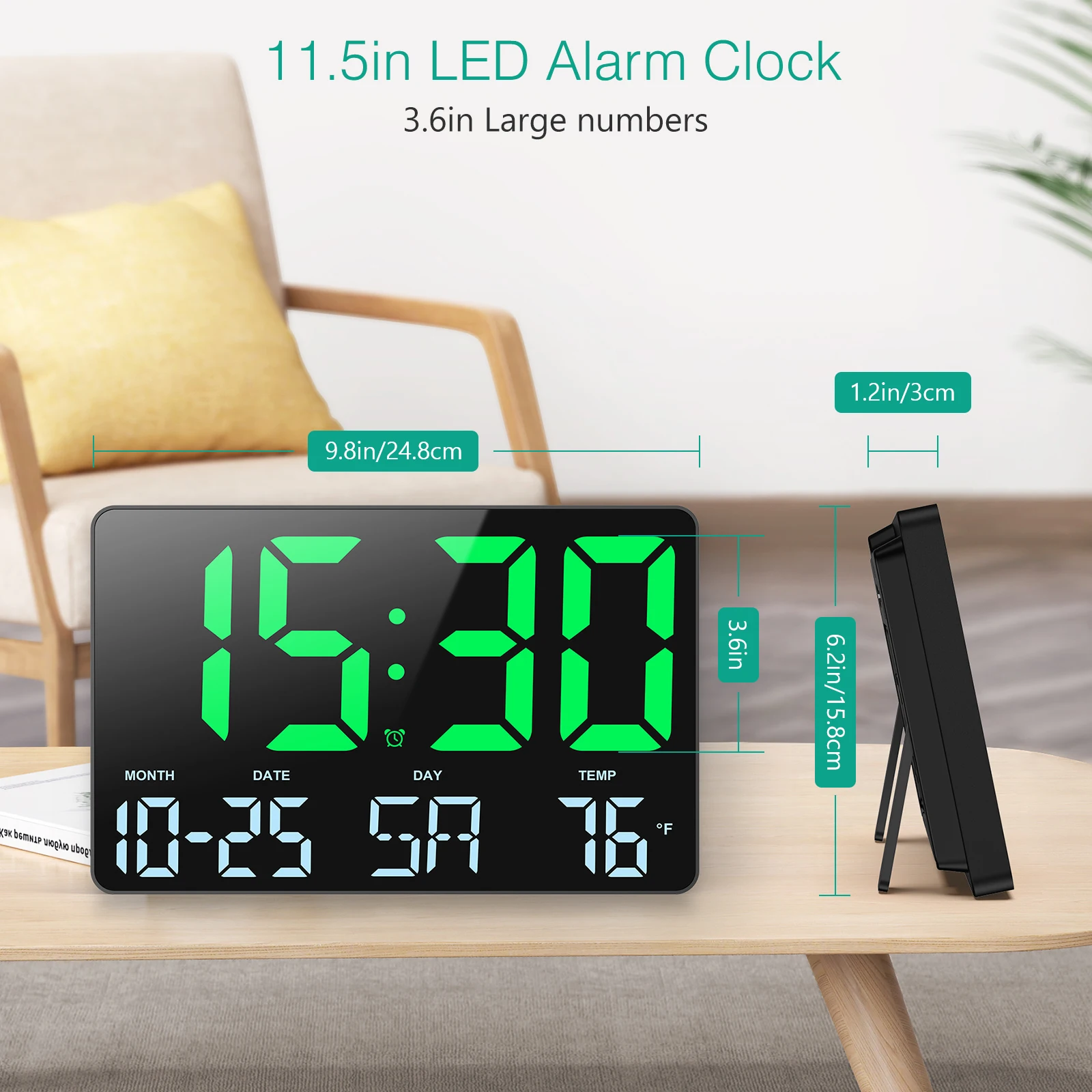 Digital Wall Clock 11.5" Large LED Display with Date Temp Display for Living Room Bedroom Office Gym Garage