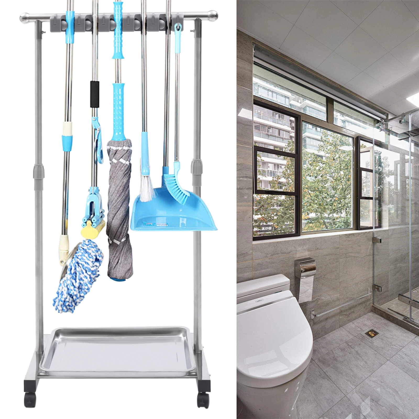 

5 Slots Wet Mops Rack Broom Holder 6 Hooks Movable Standing Cleaning Tool Rack Floor Mounted Hanger Organizer w/ Water Drip Tray