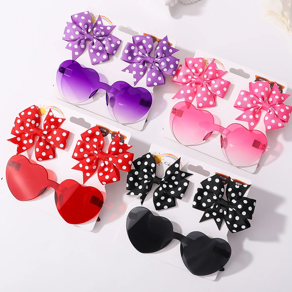 3Pcs/Pack Solid Dot Hair Bows Clip Girls Boutique Bowknot Hair Clips Kids Colorful Heart Sun Glasses Children Hair Accessories 3pcs lot cable knit baby headbands bow newborn elastic nylon headband baby girl turban children headwrap kids hair accessories