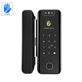 TTLock Face Recognition Lock Brass Color Smart Glass Door Lock Ttlock Lock Remote Controller with Camera for Office 1