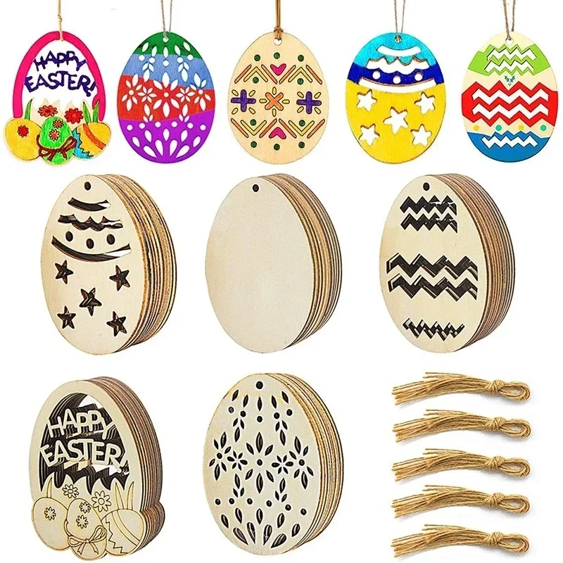 10Pcs DIY Easter Egg Wood Slices Easter Hangbing Pendant Unfinished Wood Crafts For Happy Easter Party Kids Graffiti Egg