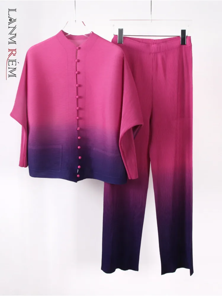 

LANMREM Gradient Pleated 2 Pieces Set Round Neck Single Breasted Long Sleeves Tops High Waist Fashion Pants Female Tide 2YA1097