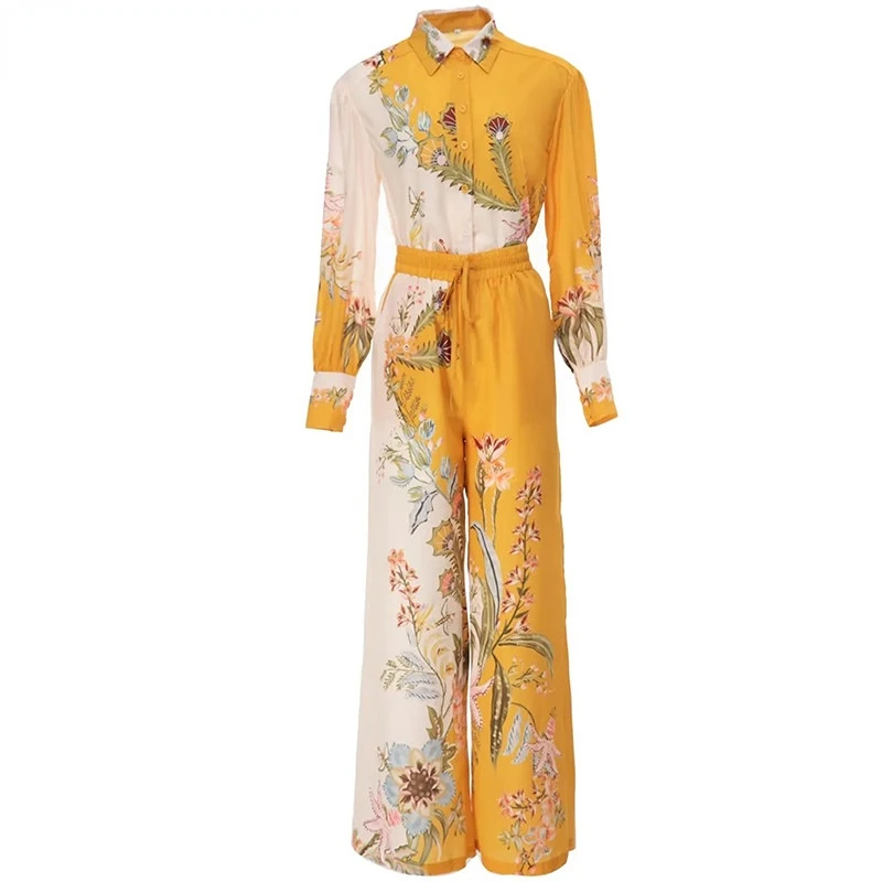 

2023 Runway Luxury Designer High Quality Elegant Spring Two Pieces Set Women Lantern Long Sleeve Flowers Print Pants Suits