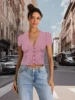 Stylish Checkered Print Blouse with Short Sleeves and V-Neckline Casual Button-Up Crop Top for Women's Summer Fashion 2