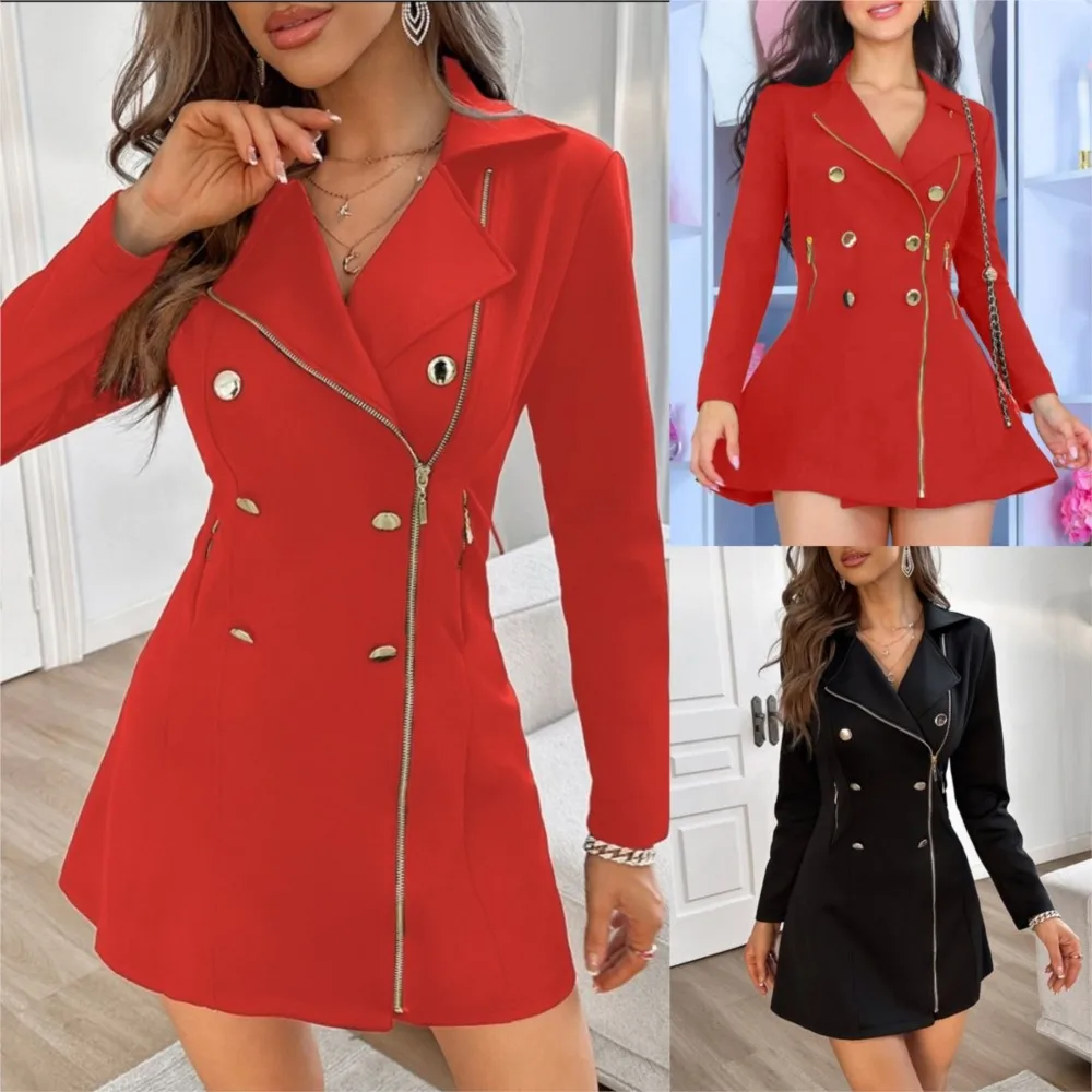Fashion Personality Double Breasted Zipper Women's Short Dresses Spring Autumn New Simple Commute Sexy Party Office Female Dress 5