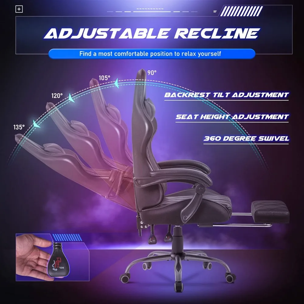 Gaming Chair, Computer Chair with Footrest and Massage Lumbar Support, Ergonomic High Back Video Game Chair with Swivel Seat an 6