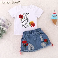 Humor Bear Girls Suit Summer Children’s Clothes Suit Embroidery Letter Print Short sleeve+skirt Set Toddler Christmas Outfits