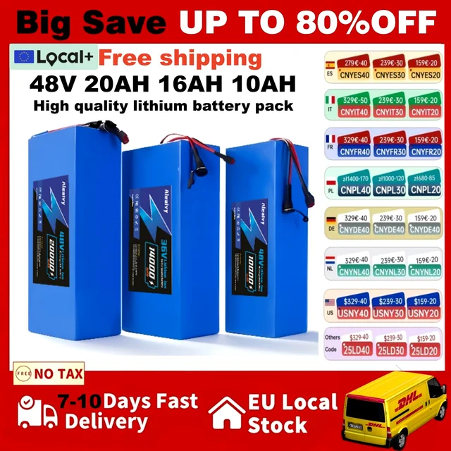 Aleaivy 48V 20Ah 16Ah 10Ah 18650 batterie au Lithium Rechargeable pour 1000W puissance modifiée vélo scooter véhicule avec chargeur 1