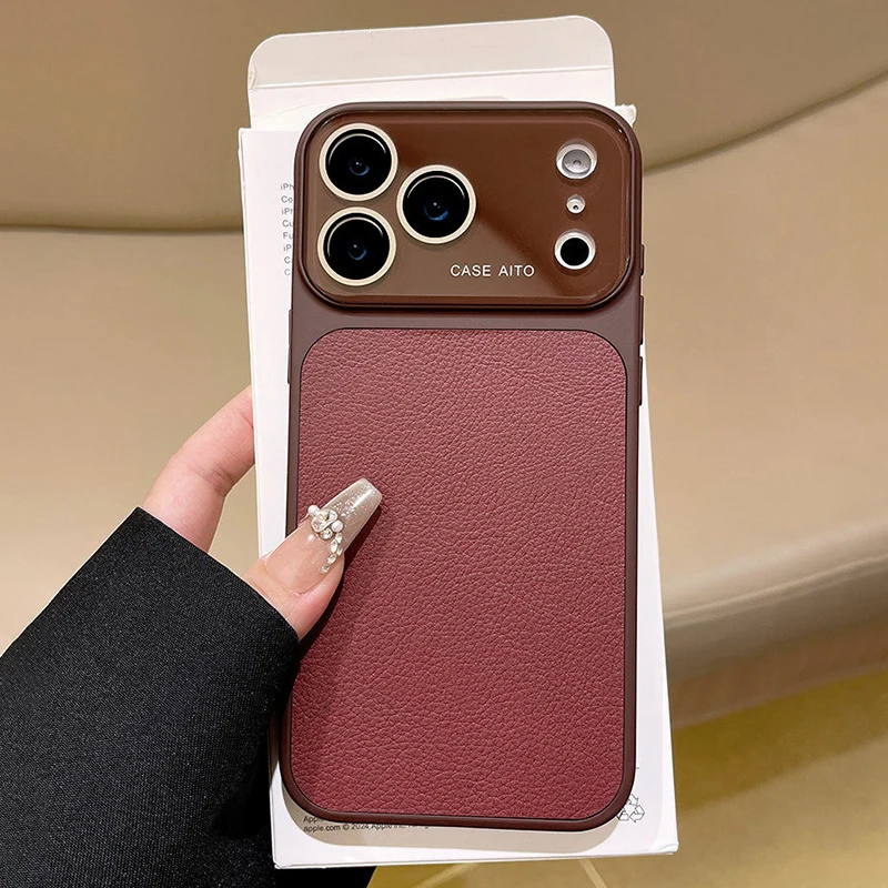 Luxury Litchi Leather Phone Case with Large Window Lens Protector & Shockproof Cover