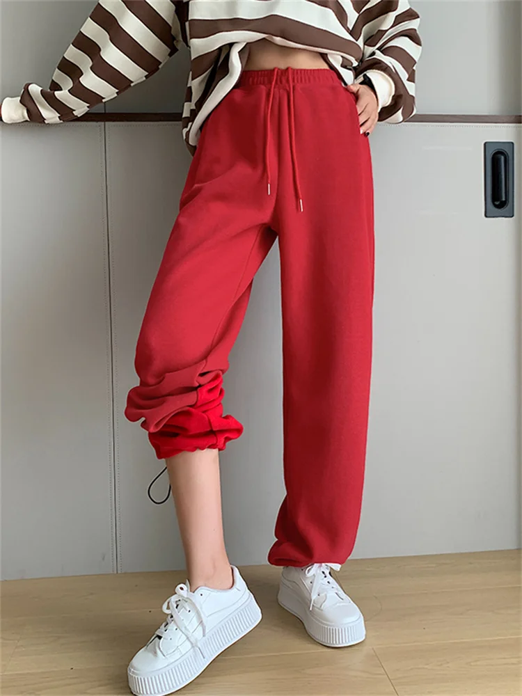 Yitimoky Fleece Red Pants Women Sweatpants Joggers Streetwear