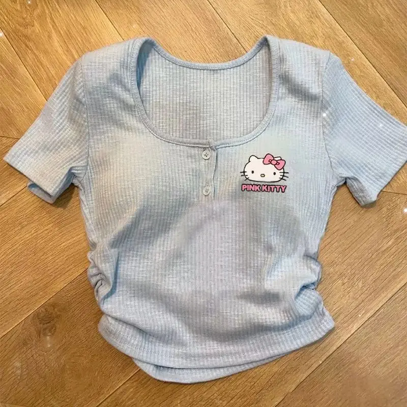 

Hello Kitty Kawaii Sanrio Anime Creative Short Sleeve Cute Cartoon Short Slim Fit Kitty Cat Short Top with Chest Pad Girl Gift