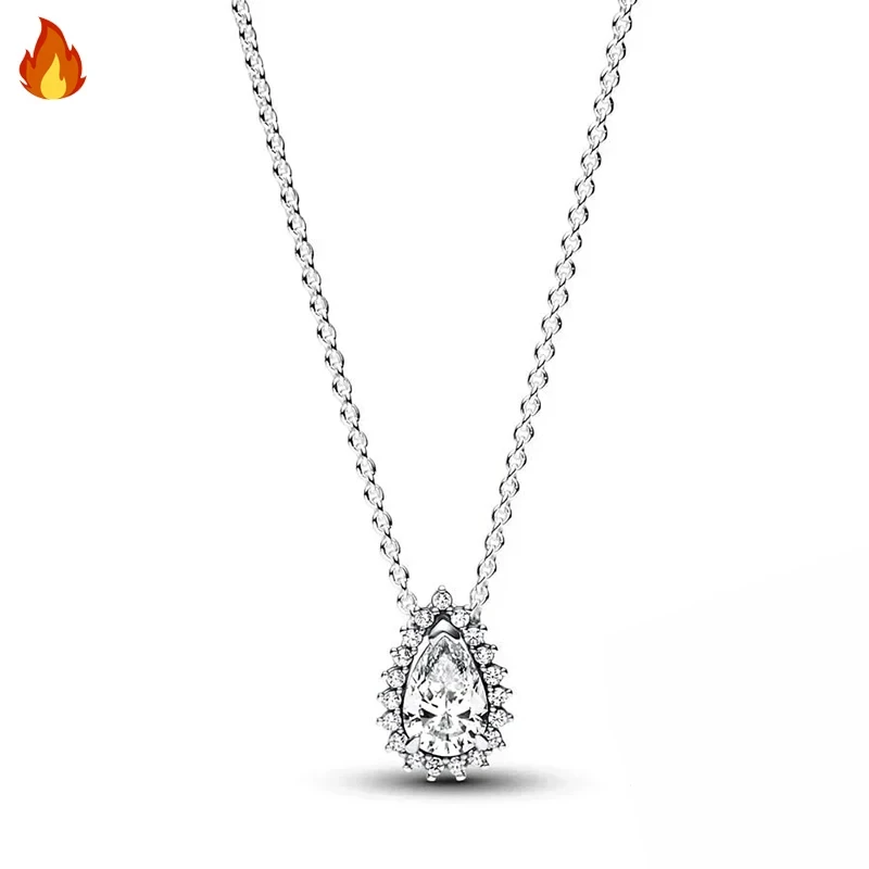 Original Women's Hot Exquisite Blue Pear Blossom Sparkling Water Drop Logo Life Tree Necklace 925 Silver DIY Charm Jewelry