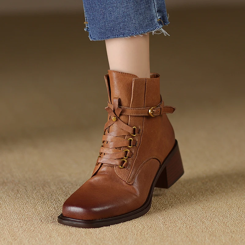 

Woman Ankle Boots Sheepskin Shoes British Style Winter Boots Side Zip Autumn Spring Basic Botas Square Toe Elegant Shoes