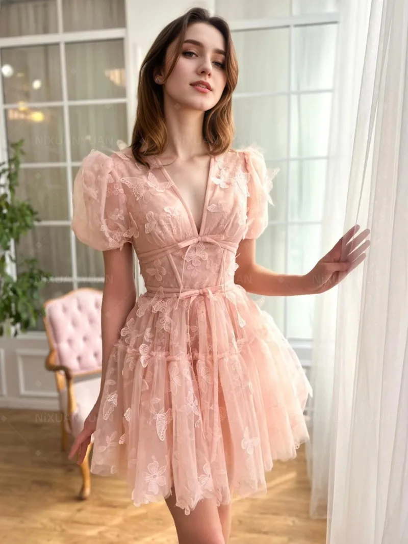 poofy homecoming dresses under 100 Butterfly Short Homecoming Dresses for Teens Puffy Sleeve Lace Prom Dress V  Neck