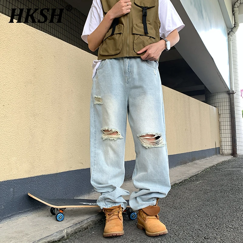 

HKSH American High Street Vintage Style Washed Distressed Jeans Men's Tide Chic Retro Streetwear Fashion Denim Pants New HK0103