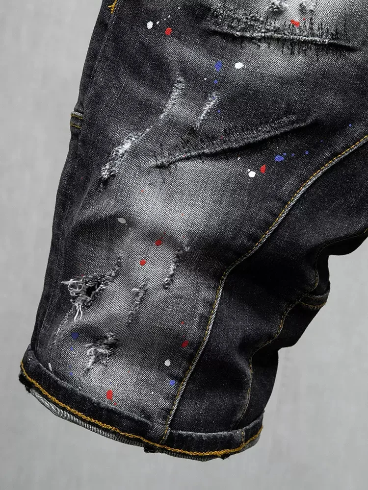 Summer Fashion Men Jeans Retro Black Gray Stretch Elastic Spliced Ripped Short Jeans Painted Designer Hip Hop Denim Shorts Men