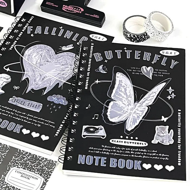 IFFVGX A5 Notebook Retro Butterfly Coil Notebooks Retro White Black Heart Note Book Student Stationery School Supplies Planner