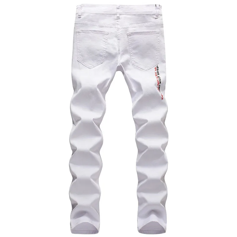 Fashion Embroidery Letters White Skinny Jeans Trousers Men Hip Hop Punk Casual Motorcycle Stretch Ripped Denim Pants Streetwear