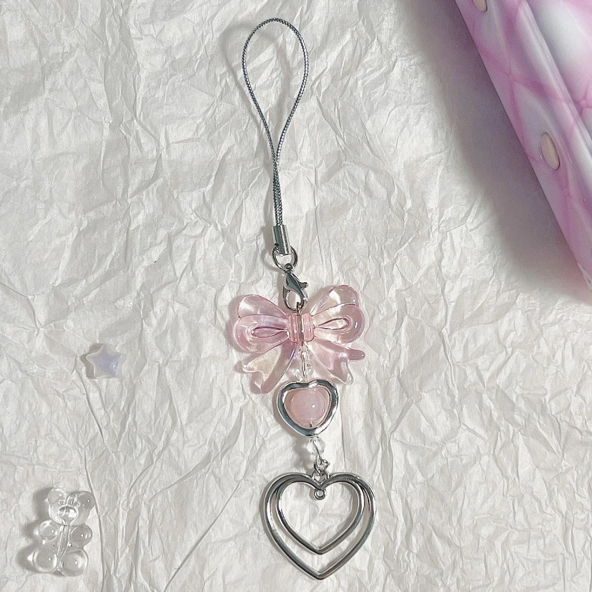 Pink Kawaii Phone Strap Cute Phone Charm Strap Cute Keychain Silver